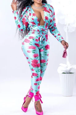 3D Flower Decor Pretty Cutout Rose Print Pant Suit
