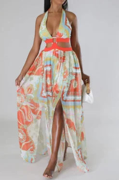 Tribal Print Hot Cutout High Split Maxi Dress -Prettytina C23071452 OR 1
