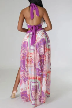 Tribal Print Hot Cutout High Split Maxi Dress -Prettytina C23071452 PU 3
