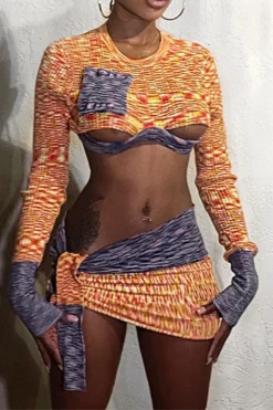 Patchwork Hot Cutout Lace-Up Dress Suit