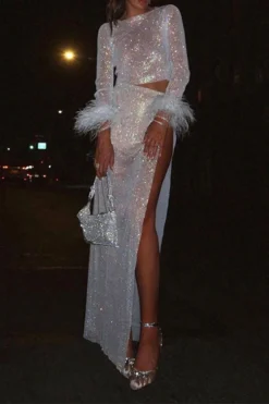 Rhinestone Fishnet Modern See-Through High Split Dress Suit