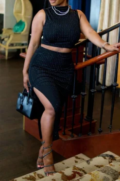 Rhinestone Lowkey High Split Dress Suit -Prettytina C23071477 BK 3