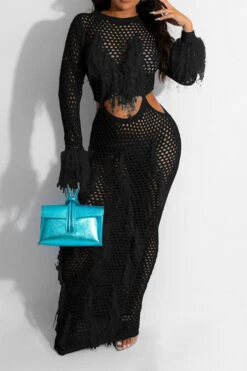 Tassel Flirty Cutout Fishnet See-Through Midi Dress 20 Tassel Flirty Cutout Fishnet See-Through Midi Dress -Prettytina C23071757 BK 1
