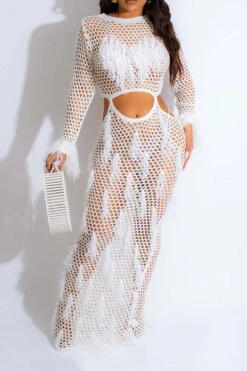 Tassel Flirty Cutout Fishnet See-Through Midi Dress 18 Tassel Flirty Cutout Fishnet See-Through Midi Dress -Prettytina C23071757 WH 1