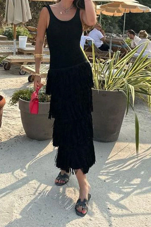 Patchwork Tiered Tassel Undeniable Midi Dress 1 Patchwork Tiered Tassel Undeniable Midi Dress