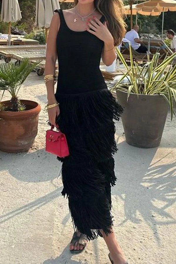 Patchwork Tiered Tassel Undeniable Midi Dress 2 Patchwork Tiered Tassel Undeniable Midi Dress - Image 2