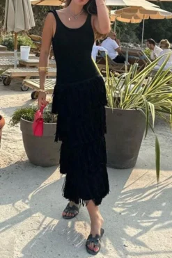 Patchwork Tiered Tassel Undeniable Midi Dress 5 Patchwork Tiered Tassel Undeniable Midi Dress -Prettytina C23071758 BK 3