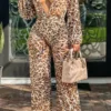 Leopard Print Deep V Neck Feminine Lace-Up Jumpsuit