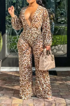 Leopard Print Deep V Neck Feminine Lace-Up Jumpsuit