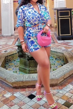 Tribal Print Shirt Collar Casual Pant Suit