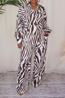 Zebra Print Shirt Collar Stylish Pant Suit