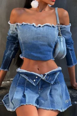Gradient Girly Off Shoulder Denim Blouse