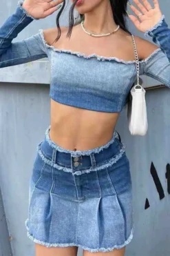 Gradient Girly Off Shoulder Denim Blouse -Prettytina C23072109 BL 4