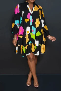 Floral Print Casual Button Thru Tiered Mini Dress -Prettytina C23072129 BK 2