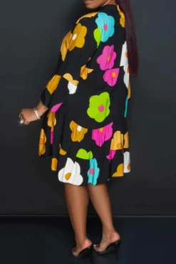 Floral Print Casual Button Thru Tiered Mini Dress -Prettytina C23072129 BK 3