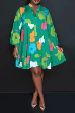 Floral Print Casual Button Thru Tiered Mini Dress -Prettytina C23072129 GR 3