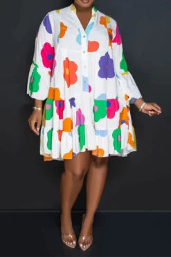 Floral Print Casual Button Thru Tiered Mini Dress -Prettytina C23072129 WH 1