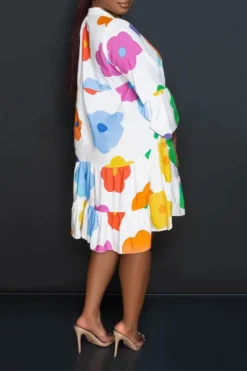 Floral Print Casual Button Thru Tiered Mini Dress -Prettytina C23072129 WH 2