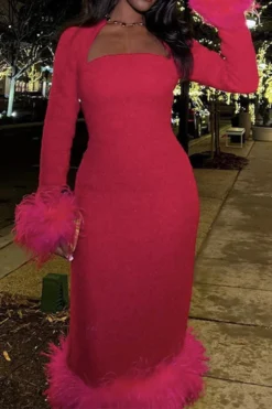 Solid Color Pretty Feather Trim Midi Dress