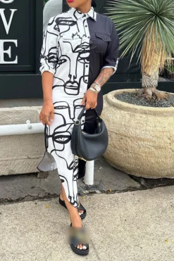 Abstract Face Print Classic Single Breasted Midi Dress