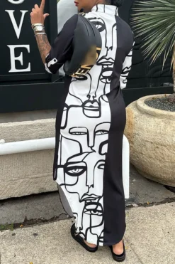 Abstract Face Print Classic Single Breasted Midi Dress -Prettytina C23072144 BK 3