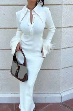 Solid Color Stylish Feather Trim Trumpet Sleeve Maxi Dress