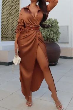 Solid Color Hot Lace-Up High Split Maxi Dress 12 Solid Color Hot Lace-Up High Split Maxi Dress -Prettytina C23072170 CH 3