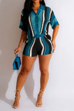 Color Block Hollow-Out Cozy Knitted Pant Suit 16 Color Block Hollow-Out Cozy Knitted Pant Suit -Prettytina C23072187 BL 1