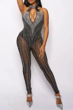 Rhinestone Kitsch See-Through Bodycon Jumpsuit