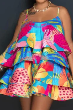 Leaf Print Colorful Tiered Ruffle Mini Dress