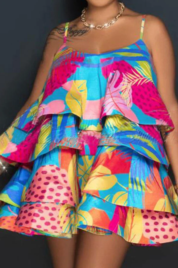 Leaf Print Colorful Tiered Ruffle Mini Dress 1 Leaf Print Colorful Tiered Ruffle Mini Dress
