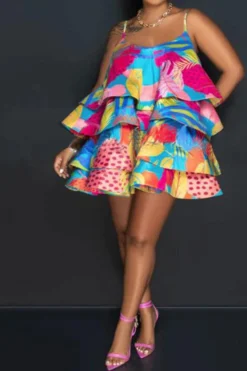 Leaf Print Colorful Tiered Ruffle Mini Dress 6 Leaf Print Colorful Tiered Ruffle Mini Dress -Prettytina C23072738 RE 3