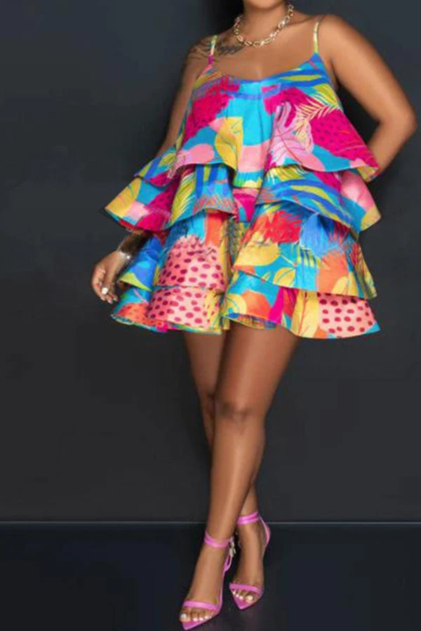 Leaf Print Colorful Tiered Ruffle Mini Dress 3 Leaf Print Colorful Tiered Ruffle Mini Dress - Image 3