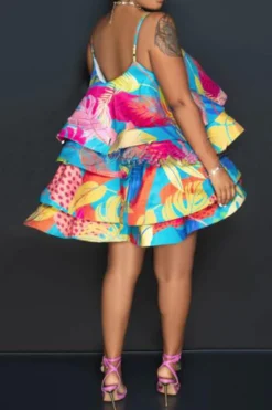 Leaf Print Colorful Tiered Ruffle Mini Dress 7 Leaf Print Colorful Tiered Ruffle Mini Dress -Prettytina C23072738 RE 4