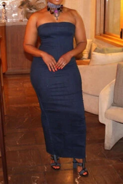 Solid Color Smart Bandeau Denim Midi Dress