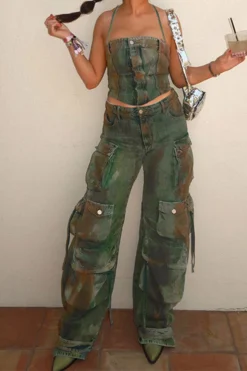 Tie Dye Cool Denim Camisole & Multi Pocket Pants -Prettytina C23072758 RT 3