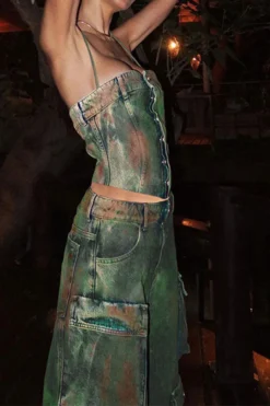 Tie Dye Cool Denim Camisole & Multi Pocket Pants -Prettytina C23072758 RT 5