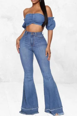 Solid Color Sweet Denim Camisole & Micro Flared Pants