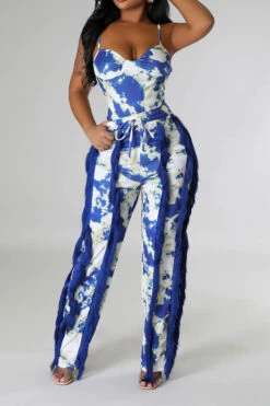 Tie Dye Pretty Tassel Patchwork Pant Suit 23 Tie Dye Pretty Tassel Patchwork Pant Suit -Prettytina C23072770 BL 1