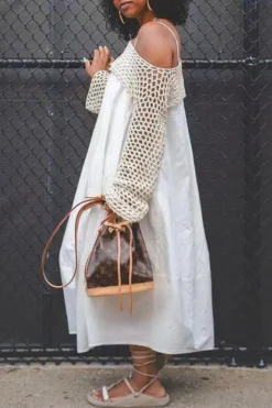 Solid Color Relaxed Swing Dress & Sweater Shawl -Prettytina C23072775 WH 4