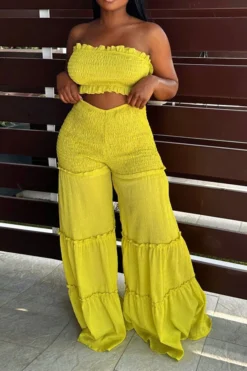 Strap Shirred Sweet Stringy Selvedge Wide Leg Pant Suit 6 Strap Shirred Sweet Stringy Selvedge Wide Leg Pant Suit -Prettytina C23072782 YE 1