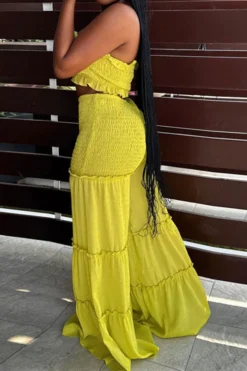 Strap Shirred Sweet Stringy Selvedge Wide Leg Pant Suit 7 Strap Shirred Sweet Stringy Selvedge Wide Leg Pant Suit -Prettytina C23072782 YE 2