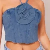 3D Flower Decor Halter Collar Smart Denim Camisole