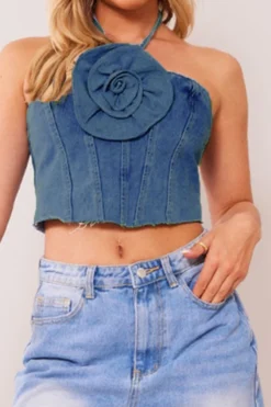 3D Flower Decor Halter Collar Smart Denim Camisole 6 3D Flower Decor Halter Collar Smart Denim Camisole -Prettytina C23080107 BL 3