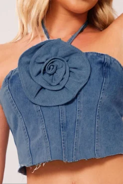 3D Flower Decor Halter Collar Smart Denim Camisole 7 3D Flower Decor Halter Collar Smart Denim Camisole -Prettytina C23080107 BL 4