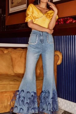 Feather Trim Rocking Bell Bottoms Jeans -Prettytina C23080108 BL 3