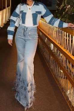 Feather Trim Rocking Bell Bottoms Jeans -Prettytina C23080108 BL 4