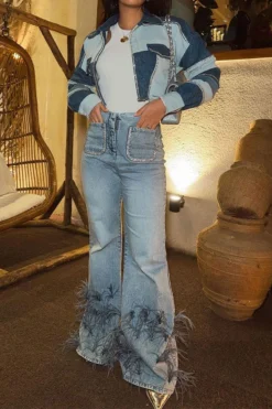 Feather Trim Rocking Bell Bottoms Jeans -Prettytina C23080108 BL 5