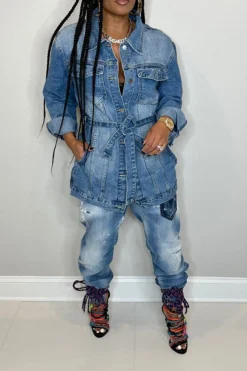 Gradient Versatile Belted Denim Coat -Prettytina C23080110 BL 4