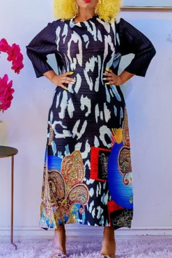 Tribal Print Stylish Pleated Maxi Dress -Prettytina C23080132 BK 1